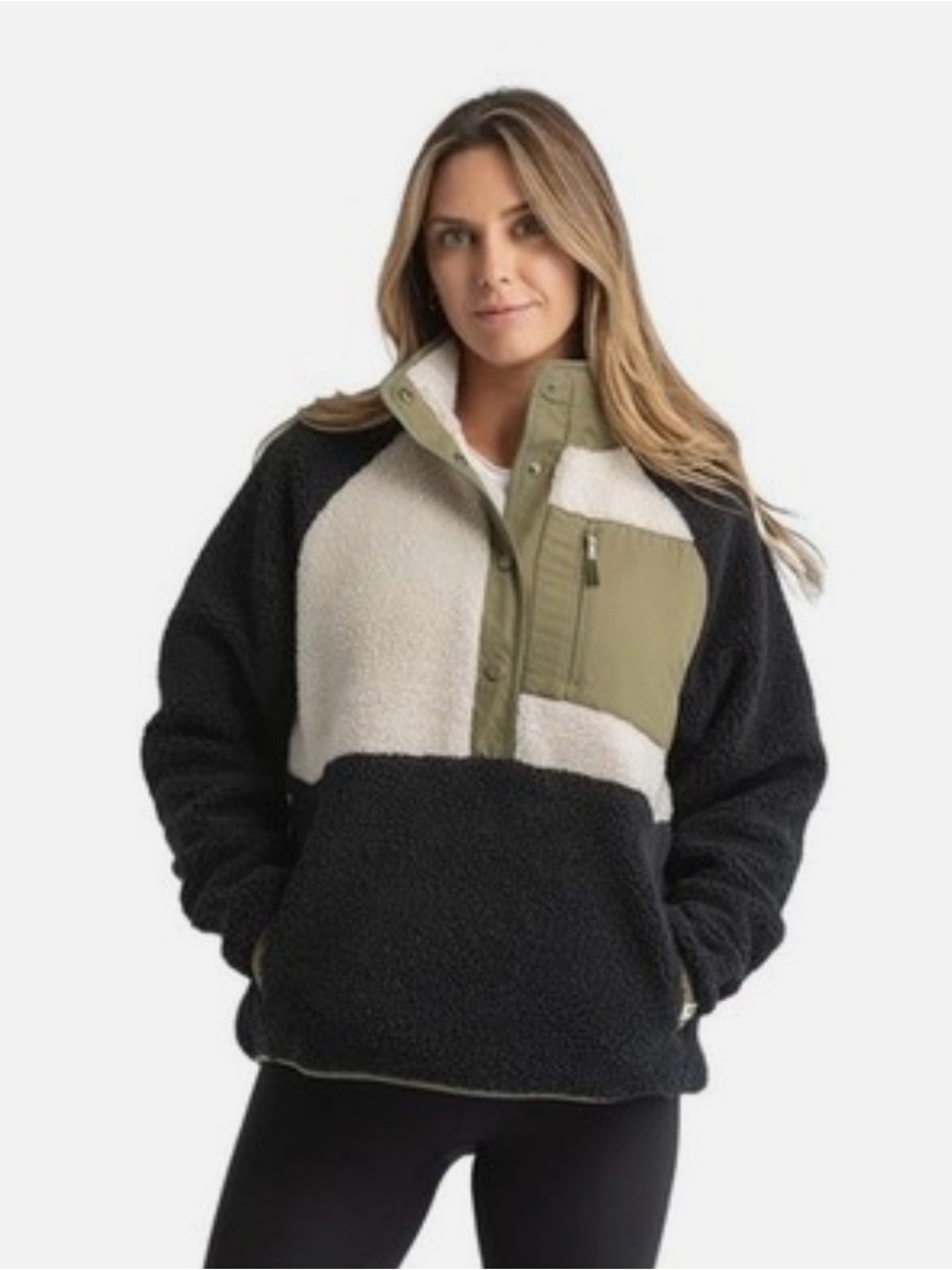 LIV Outdoor Tara Quarter Snap Sherpa Pullover Black Olive Size L NWOT